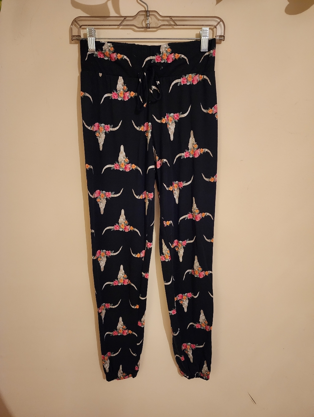 Say Anything Cow Skull & Floral Jogger Pajama Pants - Medium